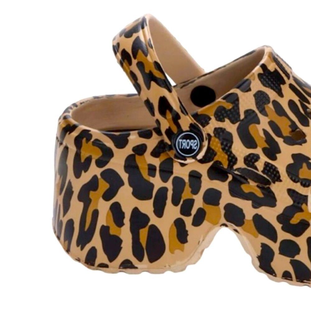 CROCS Leopard Print Platform Clog Mules - Tan & Black - Picture 2 of 10